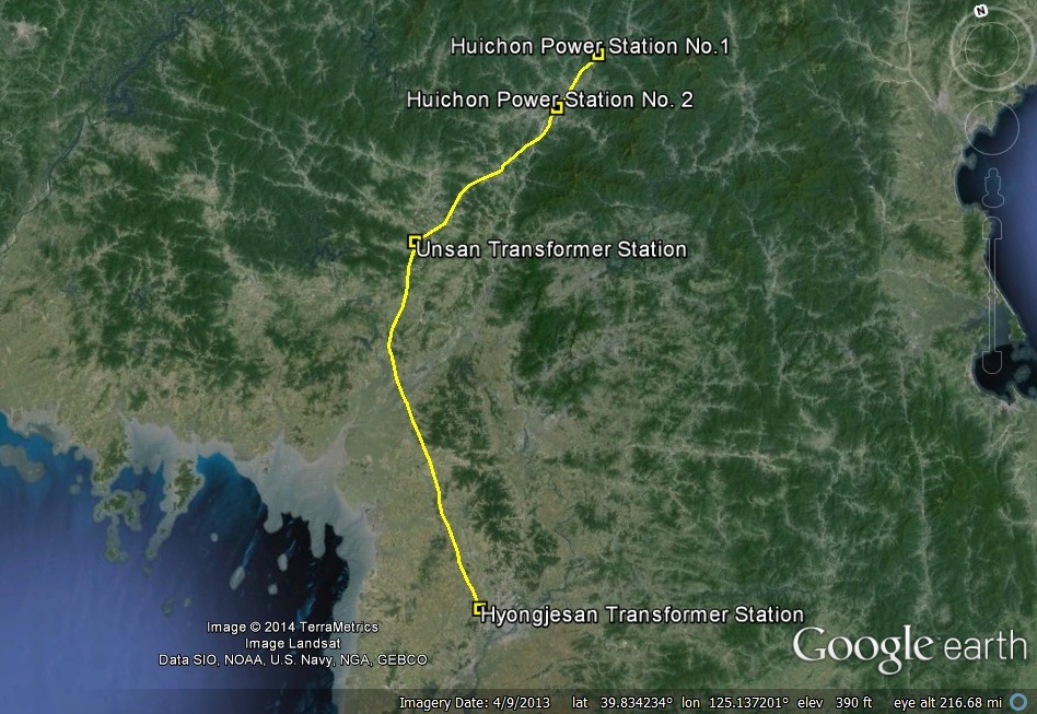 Figure 3. Map of Power Transmission lines from Huichon Power Stations 1 and 2 to Unsan and