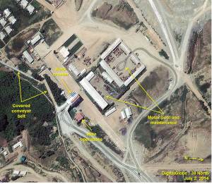 Satellite image of the mine operations areas and the refurbished rock crusher. Note: image rotated. Image © 2014 DigitalGlobe, Inc. All rights reserved. For media licensing options, please contact thirtyeightnorth@gmail.com.