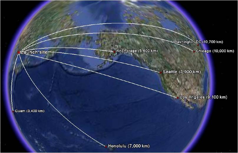 Distances from the North Korean launch site to locations around the world (figure made in Google Earth).