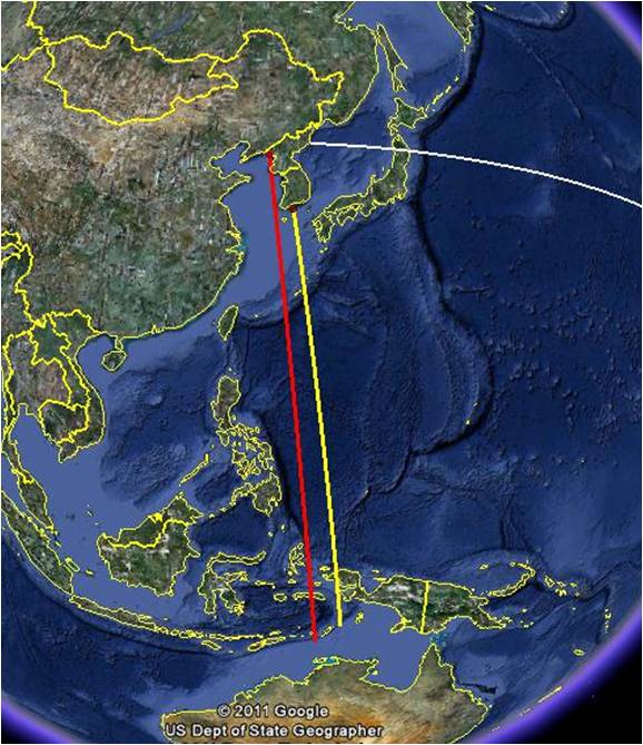 Launch paths from North and South Korea. The white line shows the eastward launch path of North Korea’s Unha-2 in 2009 from its original launch site. The yellow line shows the approximate path of South Korea’s 2009 and 2010 satellite launch attempts. The red line shows a similar path that launches from North Korea’s new launch site could follow.