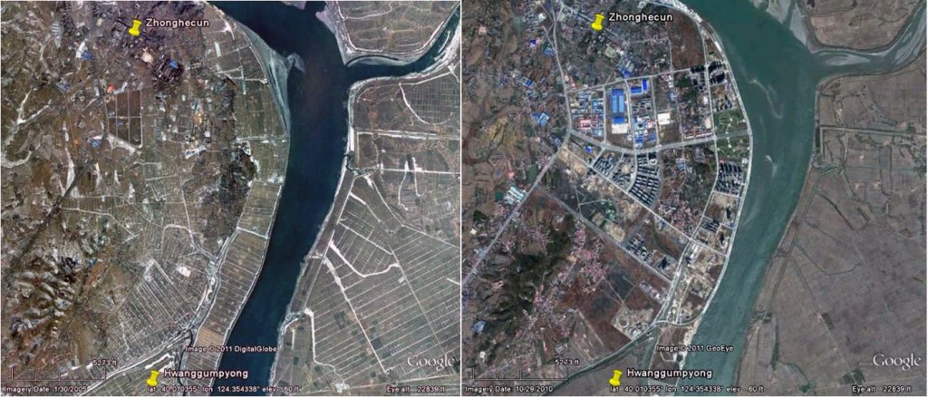 Figure 3. Photos of the Dandong industrial suburb of Zhonghecun taken in 2005 and 2010 demonstrate huge Chinese investments. (Photos: Google Earth and Geoeye)