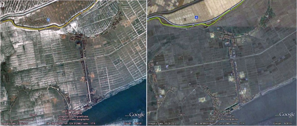 Figure 9. Although little to no change is apparent on Hwanggumpyong Island between 2005 (top left) and 2010 (top right), there appears to be a build-up on the Chinese side, not far from the border (bottom photo, as of December 2011). (Photo: Google Earth, DigitalGlobe and GeoEye)