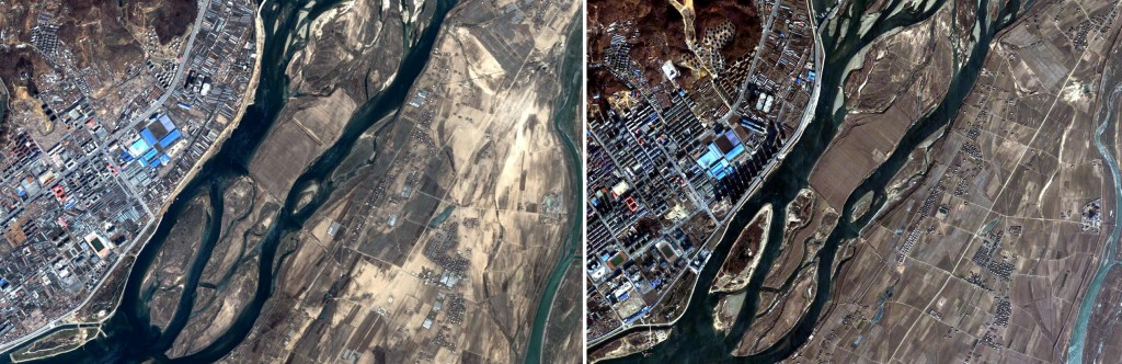 Figure 10. Undeveloped Wihwa Island lies across the river from heavily industrialized Dandong (image on left from April 2006; on right from December 2011). (Photos: DigitalGlobe)