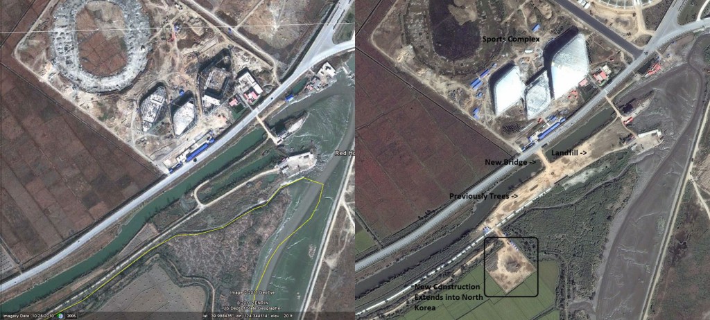 Figure 5. Progress on a large Chinese sports complex with construction extending across border into North Korea (image on left from October 2010 and on right from December 2011). (Photo left: Google Earth and GeoEye; Photo right: DigitalGlobe)