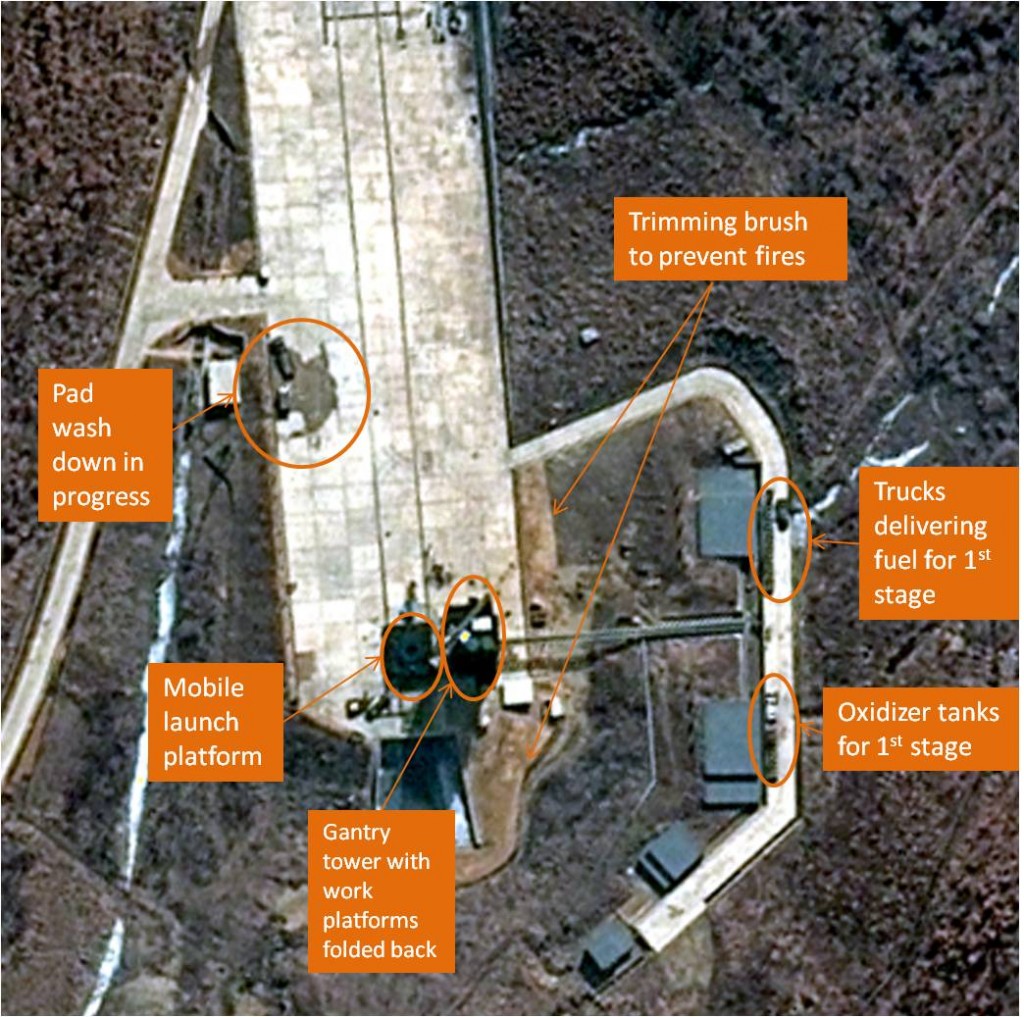 38 North analysts have marked the various activities that can be seen to prepare the launch pad. Image © 2012 DigitalGlobe, Inc.