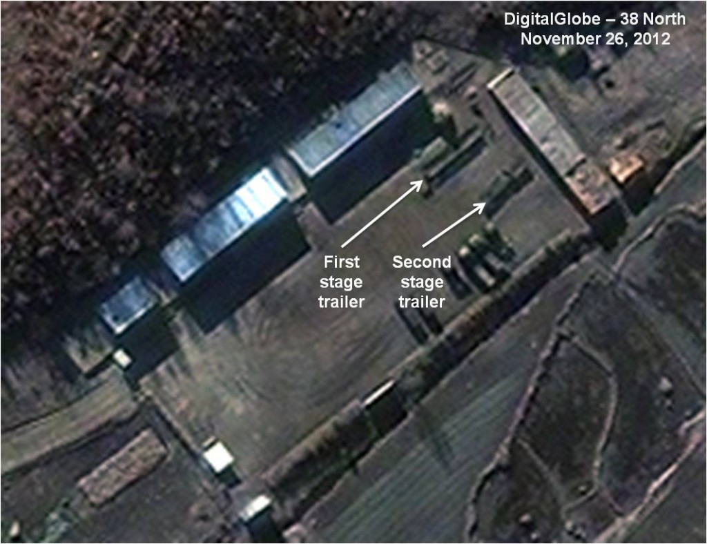 Figure 1. First and Second stage trailers near the main assembly building. (Image © 2012 DigitalGlobe Inc.)