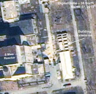 Figure 6. Building extension construction underway. Yongbyon 032713 - 5 MWe Reactor