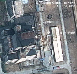 Figure 7. Conduit leaving the building extension. Yongbyon 041913 - 5 MWe Reactor