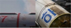 Rivet patterns on the Hwasong-13 interstage shown in 2013 (left) match the rivet patterns on Unha-3 wreckage (right).