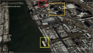 Figure 4. The Taedonggang restaurant boat (yellow) at the December 7 Factory (March 12, 2013).