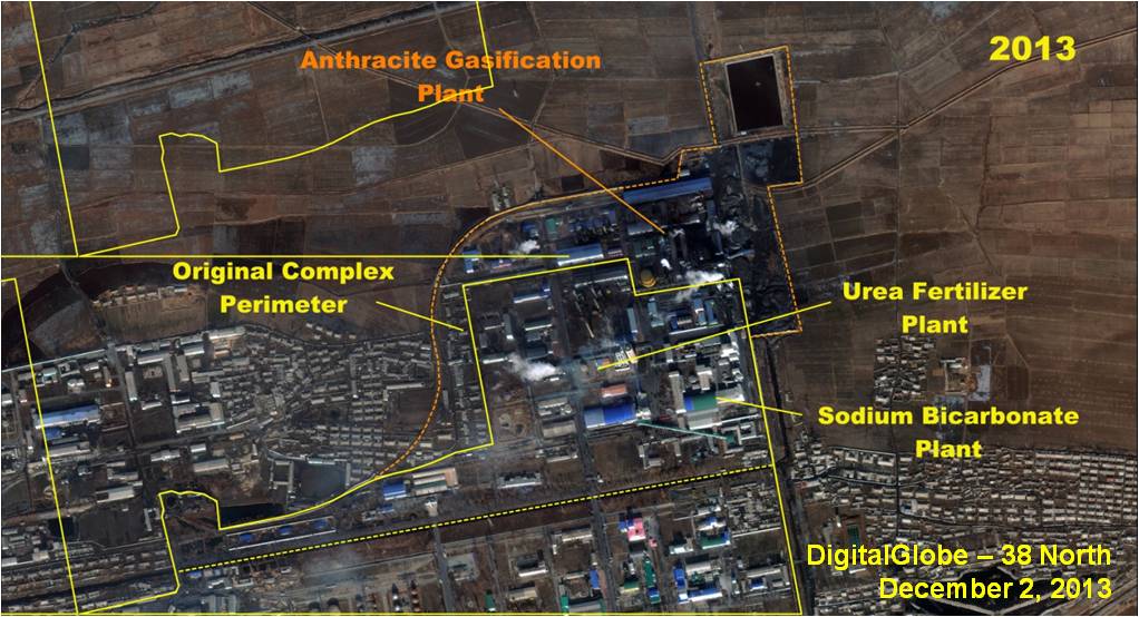 Figure 7-3. A comparison of the Namhung Youth Chemical Complex, northern section, showing the construction of the Anthracite Gasification Plant (2013).
