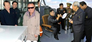 Image Left: WPK Secretary Pak To Chun with late leader Kim Jong Il; Image Right: Changing of the guard: Kim Jong Un talks to Ju Kyu Chang (1) and Hong Yong Chil (2) during a November 2013 inspection of “newly built warships” (Photos: KCNA)