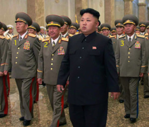 Kim Jong Un pictured with Hwang Pyong So (1), Hyon Yong Chol (2) and Ri Pyong Chol (3) during their visit to the Kumsusan Palace of the Sun on July 8, 2014. (Photo: KCNA)