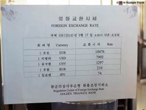 The official currency exchange rates in Rason are what elsewhere in the country would be called the black market rate. (Photo: Rüdiger Frank)
