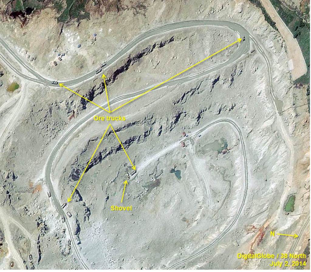 Satellite image of part of the open pit mine on the north side of the mining complex. Note: image rotated. Image © 2014 DigitalGlobe, Inc. All rights reserved. For media licensing options, please contact thirtyeightnorth@gmail.com.