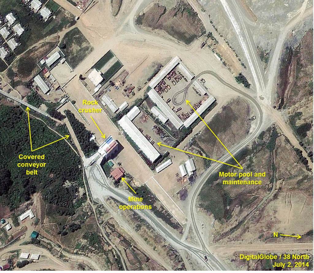 Satellite image of the mine operations areas and the refurbished rock crusher. Note: image rotated. Image © 2014 DigitalGlobe, Inc. All rights reserved. For media licensing options, please contact thirtyeightnorth@gmail.com.