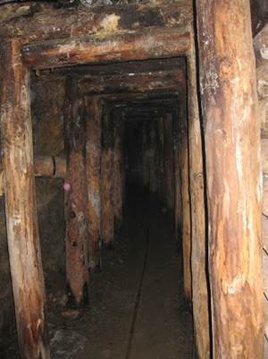 A typical tunnel shored with logs. 