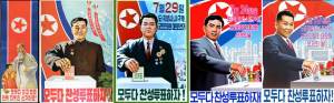 From left to right: WPK propaganda posters for local people’s assembly elections held on August 27, 1957 (both local and national ); November 25, 1967; July 29, 2007; July 24, 2011; and July 19, 2015. Phtos: KCNA, Rodong Sinmun.