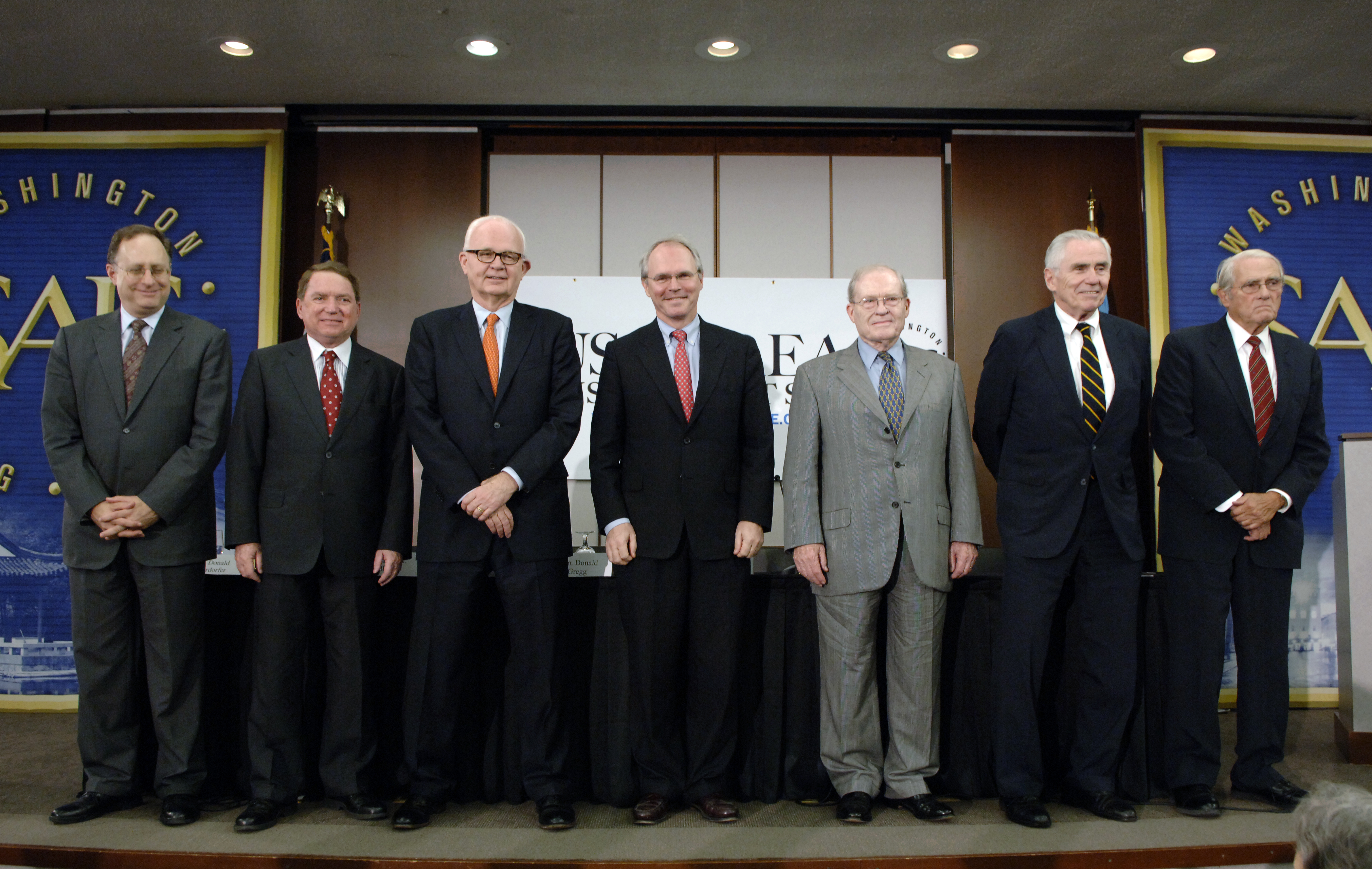 Seven former US ambassadors to the Republic of Korea gather for the inauguration of the US-Korea Institute at SAIS in 2006. (From left to right: Alexander Vershbow, Thomas C. Hubbard, Stephen W. Bosworth, Christopher R. Hill, James T. Laney, Donald Gregg, and James R. Lilley. Photo: Kaveh Sardari/US-Korea Institute at SAIS)
