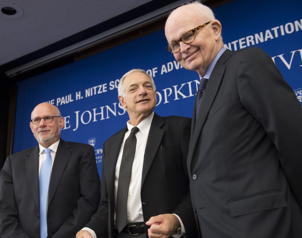 Ambassador Stephen Bosworth (R) pictured with Joel Wit (L) and Ambassador Robert Gallucci (M) during the 20th Anniversary of the Agreed Framework conference hosted by the US-Korea Institute at SAIS (October 20, 2014).