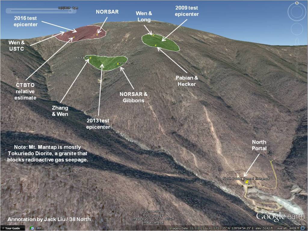 The epicenter of the 2016 nuclear test is about 2 kilometers from the North Portal tunnel entrance and under up to 700 meters of rock overburden. (November 3, 2015; Google Earth)