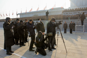 Pyongyang’s foreign press corps cover a KIm Jong UN event. (Photo courtesy: Jean H. Lee)