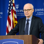 Ambassador Stephen Bosworth gives opening remarks at the 20th Anniversary of the Agreed Framework conference hosted by the US-Korea Institute at SAIS (October 20, 2014).