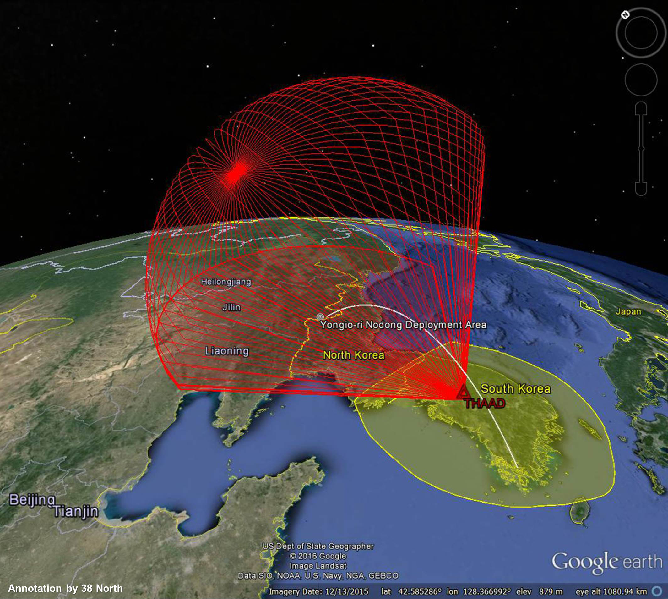 The radar coverage for the THAAD’s AN/TPY-2 radar is shown in red, the defended footprint in yellow, and a single Nodong trajectory in white. The defended footprint is estimated by calculating the boundaries assuming the Nodong is on a minimum-energy trajectory. The footprint is defined as the kinematic limits of the THAAD system in this scenario; the actual footprint will be slightly smaller.