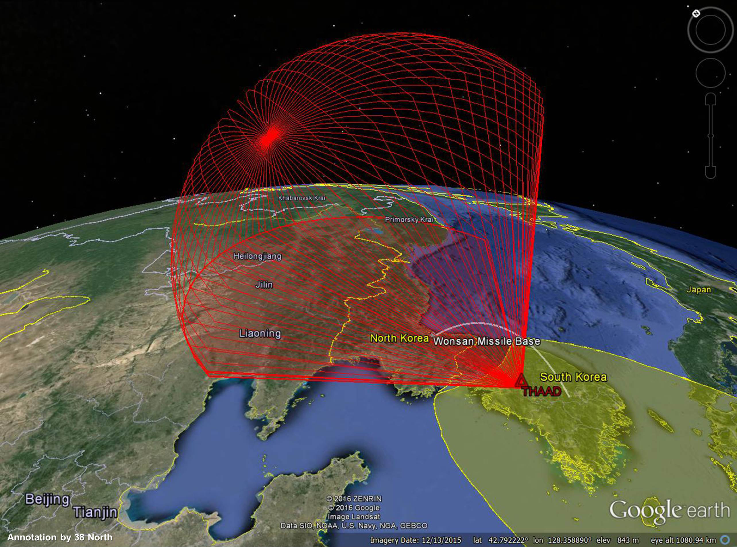 The kinematic limits for THAAD’s defended footprint for Hwasong and Nodong missiles launched from a base near Wonsan is shown on yellow.