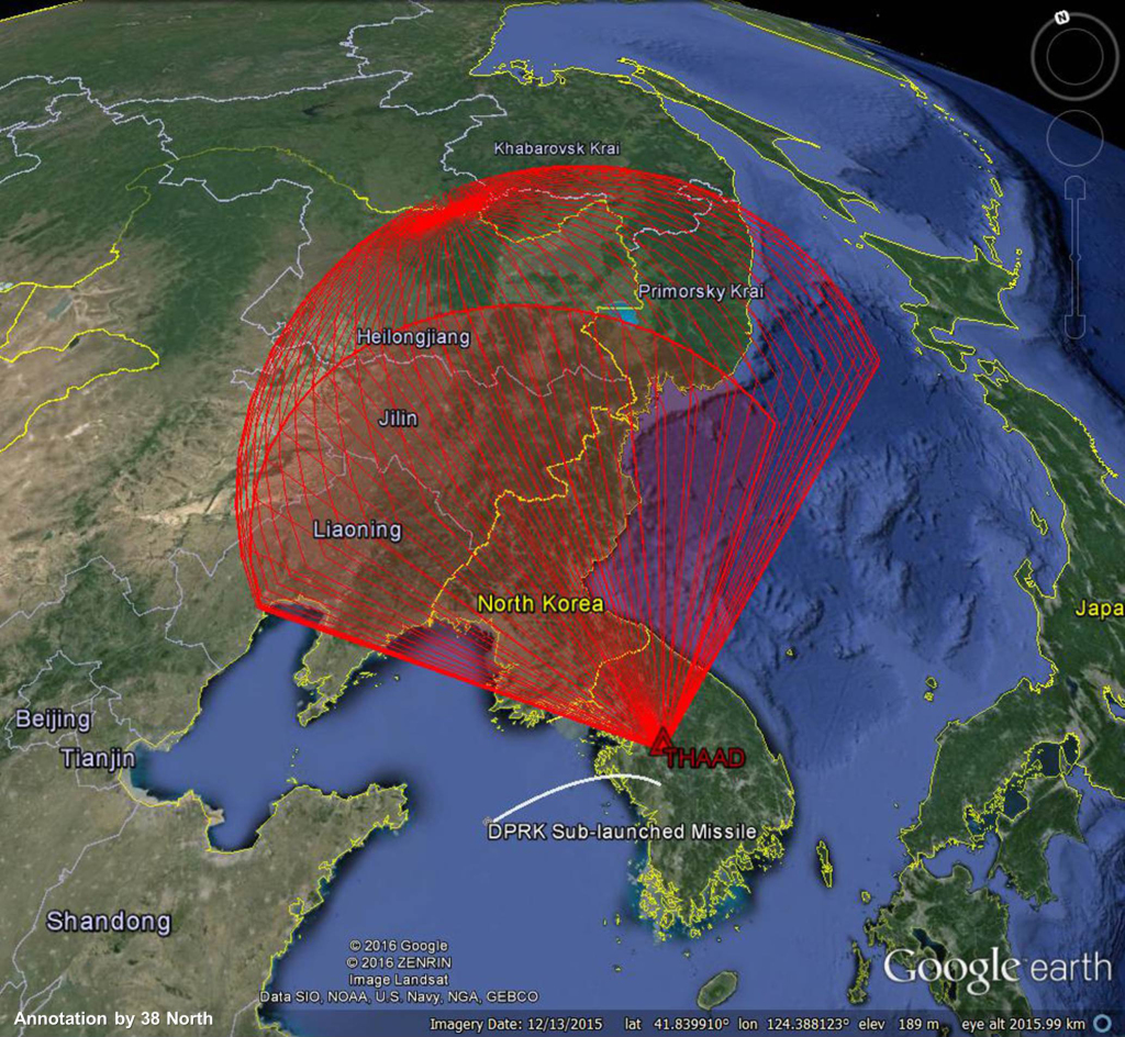 A North Korean ballistic missile launched from a submarine off the South Korean coastline would not be detected by missile defense radars pointed north to detect, acquire and track missiles fired from North Korean territory. The THAAD’s three-dimensional radar envelope is shown in red, the submarine-launched missile trajectory is shown in white.