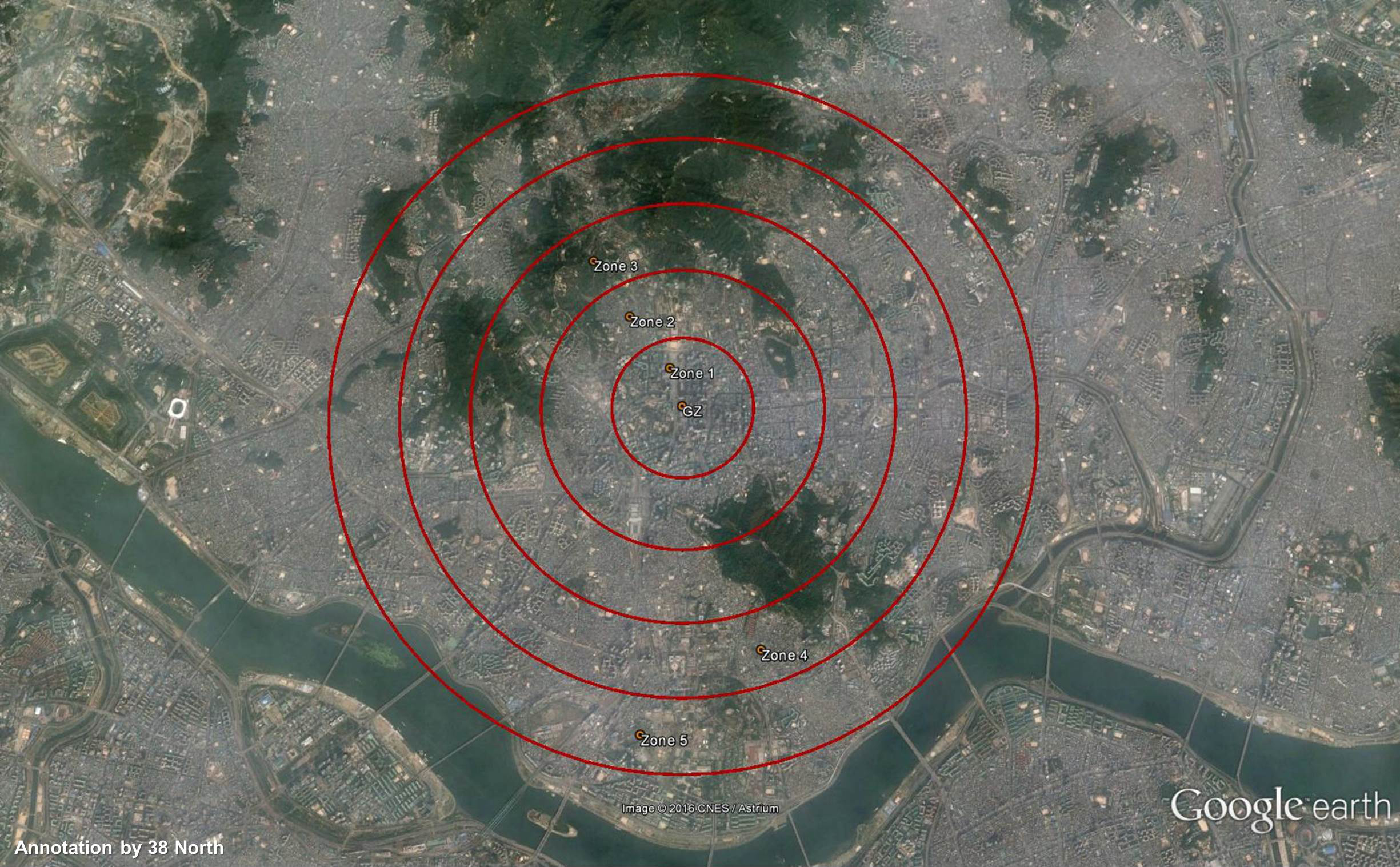 Figure 4b. Estimated casualties per zone from one nuclear-armed missile.