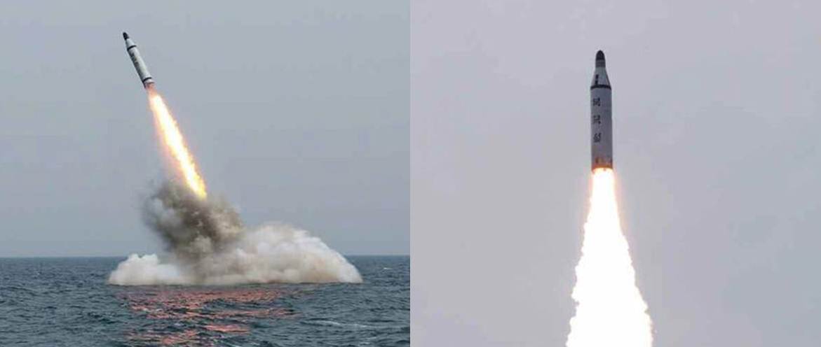 Left: SLBM launch from May 8, 2015 (Photo: KCNA); right: SLBM launch from April 23, 2016. (Photo: Rodong Sinmun)