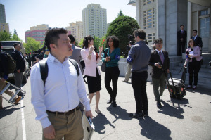 Foreign journalists leave a venue after being told that coverage plans had changed until further notice on Sunday, May 8, 2016. (Photo: AP/Wong Maye-E)