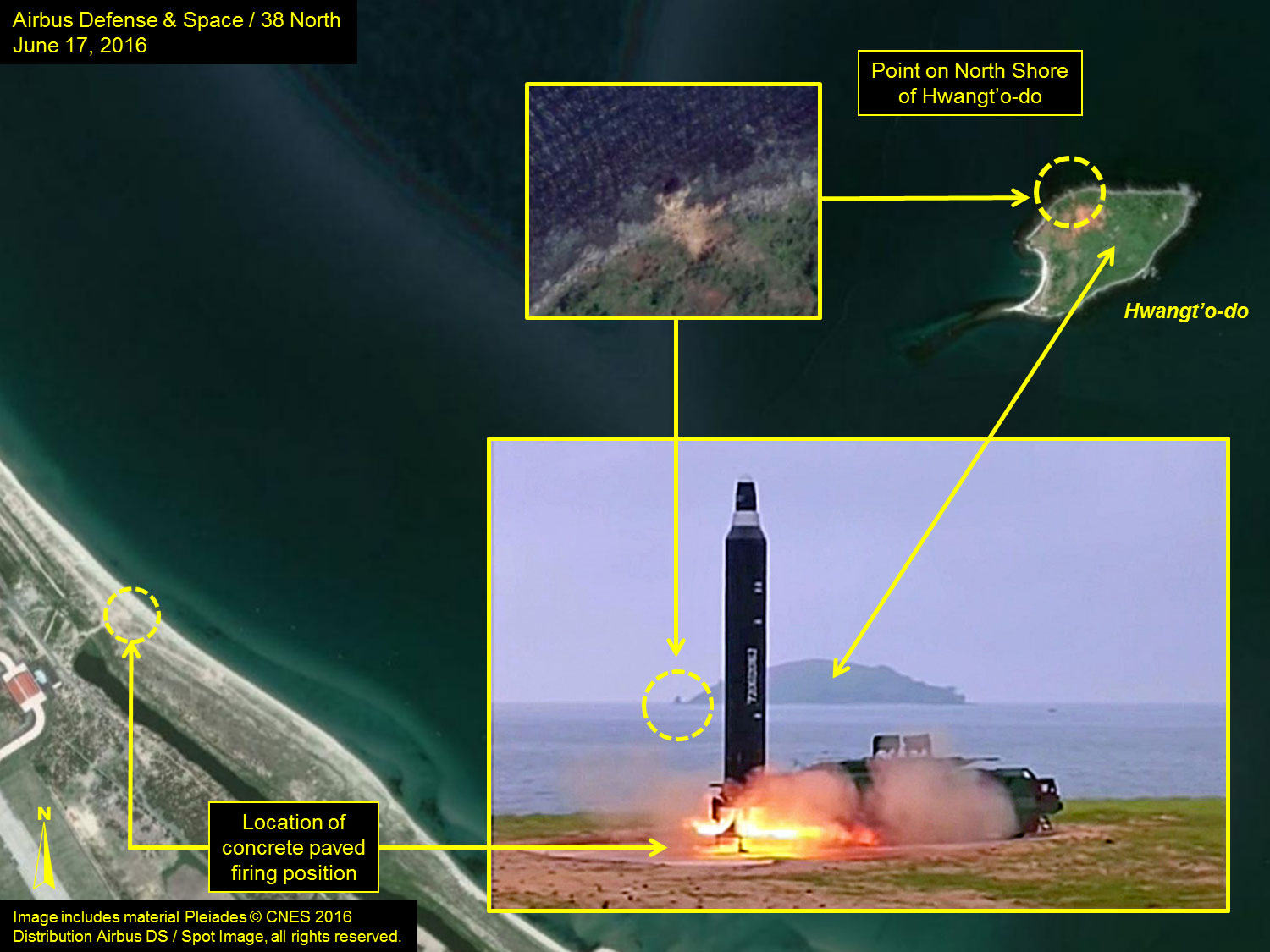 (Note: A similar analysis of this island’s unique rock feature was also identified by David Schmerler, Research Associate at the James Martin Center for Nonproliferation Studies at the Middlebury Institute of International Studies at Monterey and published via Twitter.) Image includes material Pleiades © CNES 2016. Distribution Airbus DS / Spot Image, all rights reserved. For media licensing options, please contact thirtyeightnorth@gmail.com.