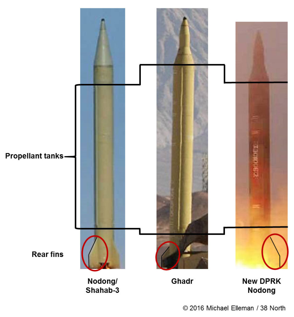 Iran’s Ghadr missile body is longer than either the original Nodong or Shahab-3. North Korea’s latest version of the Nodong, tested in 2016, incorporates a nosecone very similar to that on the Ghadr, yet it retains the shorter airframe used on the original Nodong design. Note also, the Ghadr has smaller fins mounted on the tail, relative to those seen on either Nodong version. It is unclear if the new Nodong airframe is constructed with an aluminium alloy, like the Ghadr, or with steel, like the original version of the Nodong. 