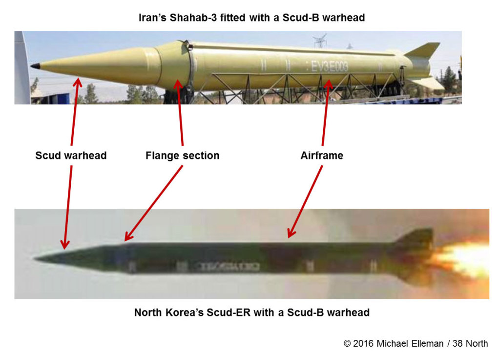 Iran’s Shahab-3 missile is outfitted with a Scud-B warhead. The warhead has a base diameter of 0.88 m, and is mated to the 1.25-m diameter airframe by a skirt-like flange section. The North Korean Scud-ER has a 1.0-m diameter airframe, and thus a tighter skirt-like flange. Iran is not known to have flown a Scud-ER missile, though one could appear in the future. 
