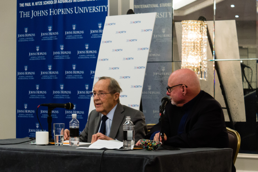 Former Defense Secretary William J. Perry and USKI Senior Fellow Joel Wit speak during a 38 North press briefing held on January 9, 2017.