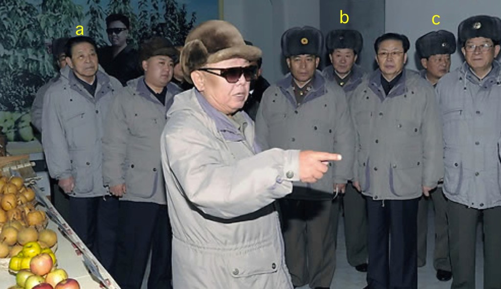 Three of the members of the Gang of Five on Kim Jong Il’s visit to Kwail Farm in 2011: Kim Kyong Ok [a], General Jo Kyong Chol [b] and General Kim Won Hong [c] (Photo: KCNA/NK Leadership Watch file photo) 