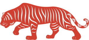 Orange Chinese paper is cut into a tiger, symbolizing the year of the tiger, on a white background. The tiger's head is to the left, and the front-right paw is lifted to show movement.