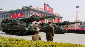 The missile rumored to be KN-17 is displayed during a military parade in Pyongyang on April 18