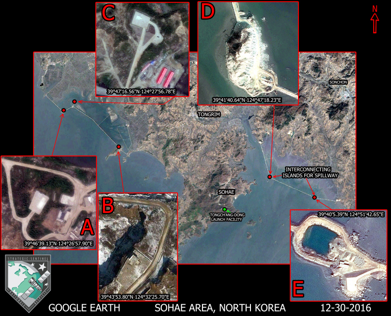 Figure 1. Purported “military facilities” on “new islands” around the Sohae Launch Facility. 