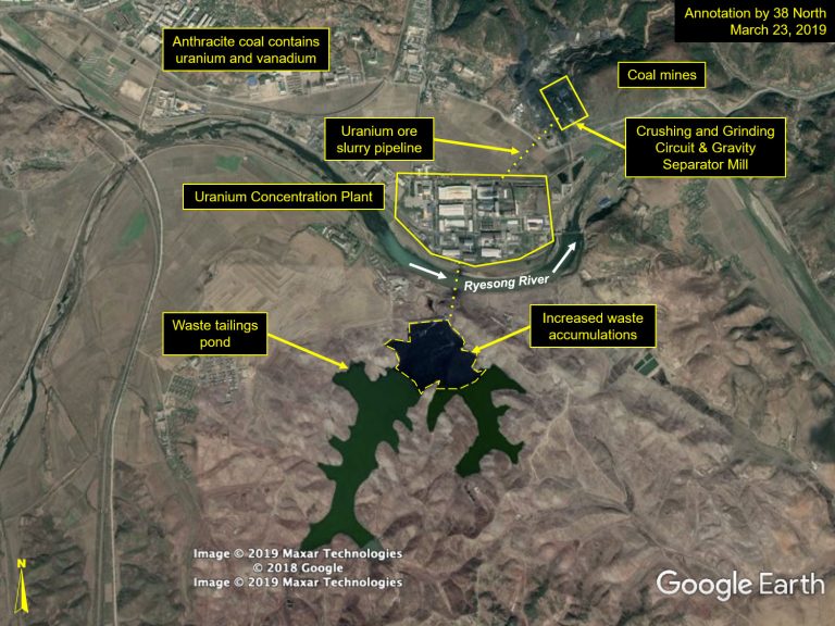 Figure 1. Overview of the Pyongsan uranium mines and collocated concentration plant, as well as the growing accumulation of waste in the tailings pond providing clear evidence of continues operations at the plant.