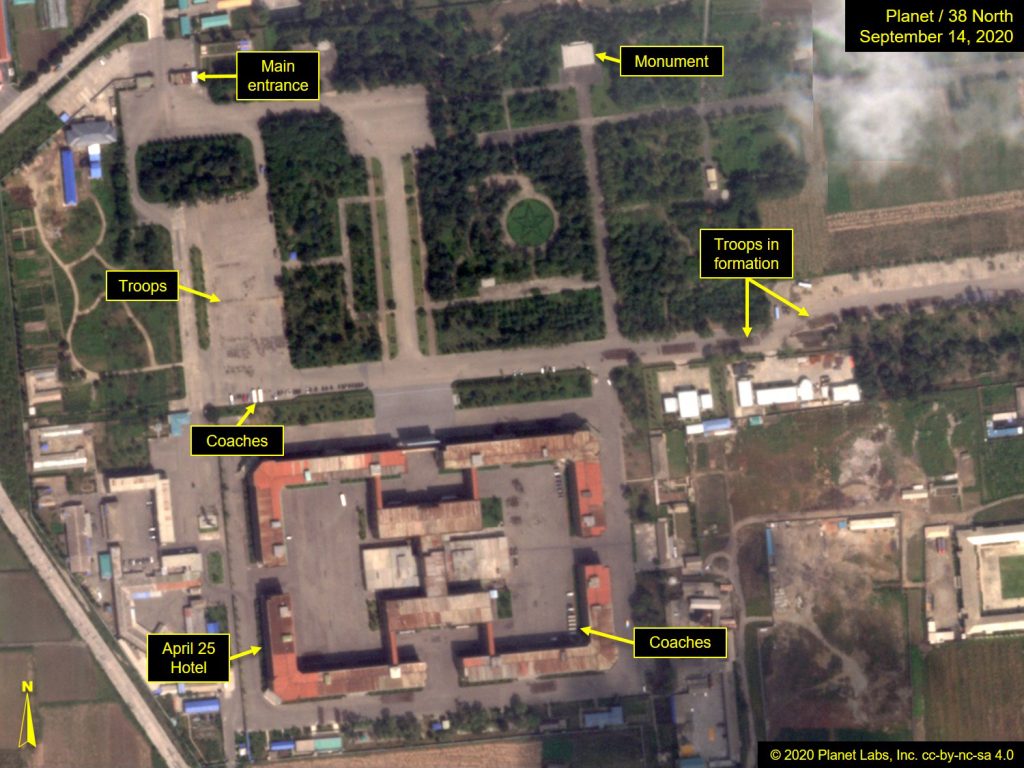 Figure 2. Troops marching and assembling in open concrete area. Image © 2020 Planet Labs, Inc. cc-by-nc-sa 4.0. For media licensing options, please contact thirtyeightnorth@gmail.com.