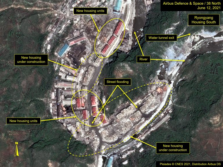 Figure 14b. Flooding is seen in the streets where old housing was razed and new housing is being built. Image Pleiades © CNES 2022, Distribution Airbus DS. For media options, please contact thirtyeightnorth@gmail.com.