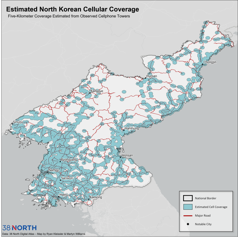 Twenty Years of Mobile Communications - 03 38 North North Korean Cell Coverage Map Roads 768x765 