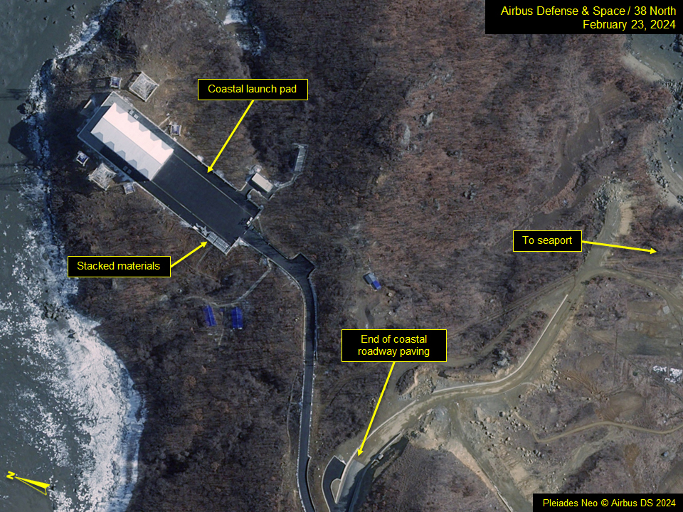 Overview of coastal launch pad on imagery from February 23, 2024.